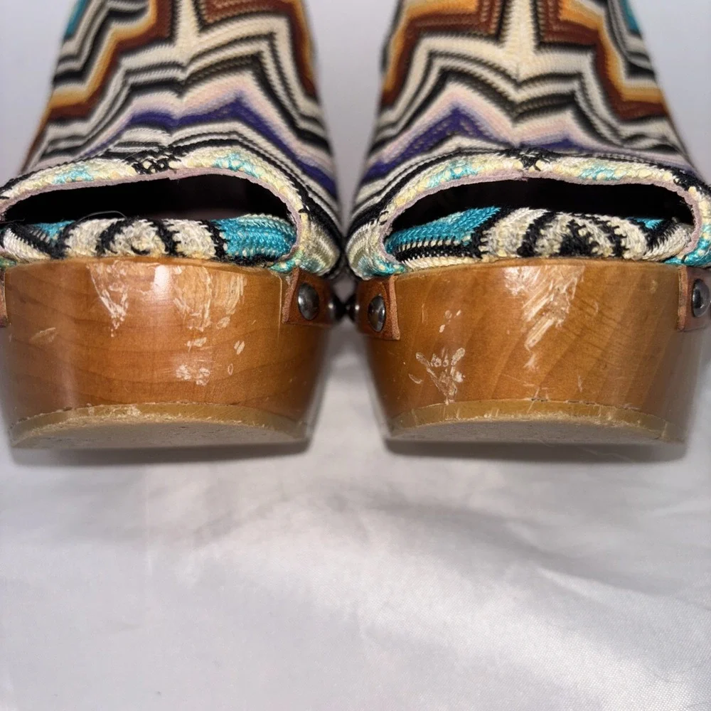 Missoni Multicolor Chevron Knit Fabric Wood Platform PEEP TOE Clogs Size 38 Rare